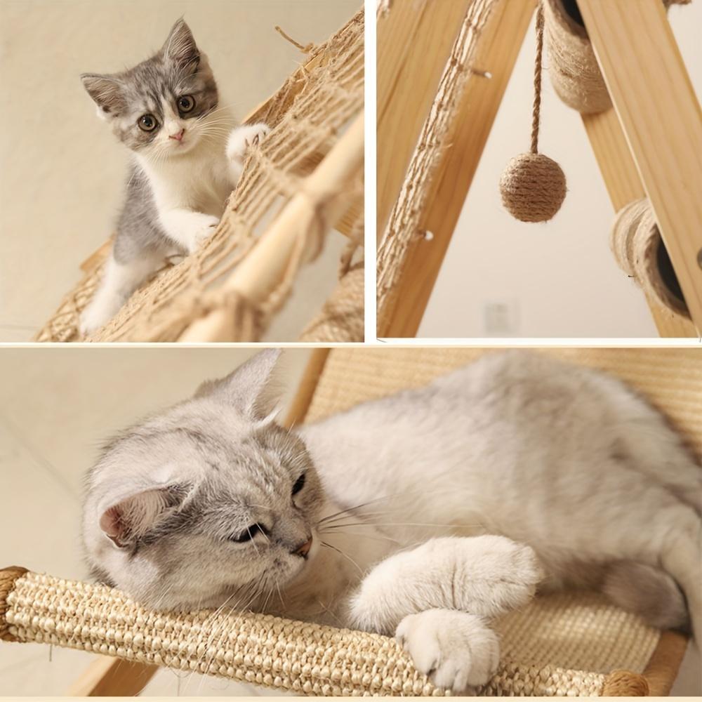Wooden Multi-Level Cat Tree Tower with Scratching Posts & Climbing Net