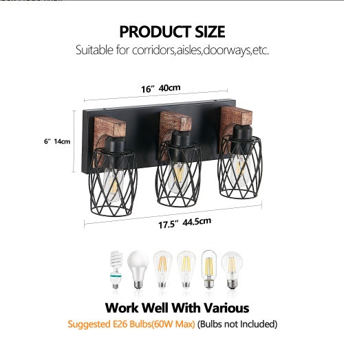 Industrial Vintage Wall Sconce 3 Light Black Cage Wood Accent