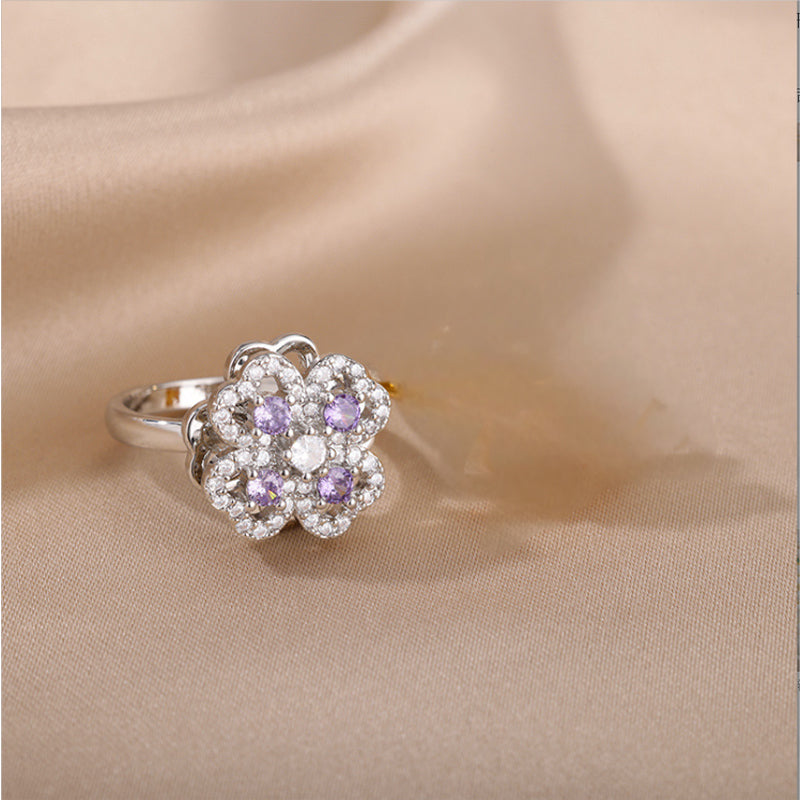 Luxury Golden Clover Rotating Ring – Zircon Adjustable Band