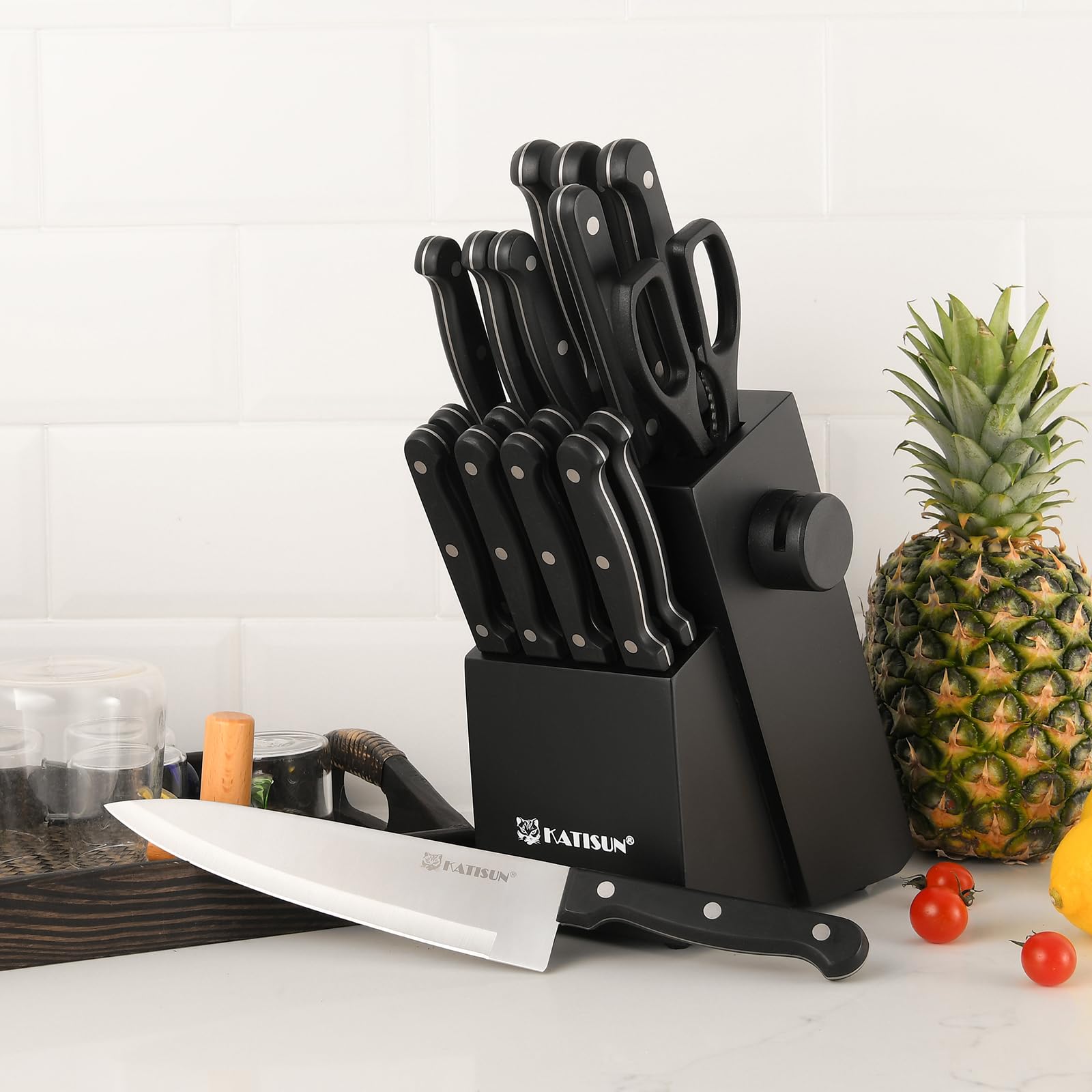 19 Piece Kitchen Knife Set German Steel Block with Built-in Sharpener