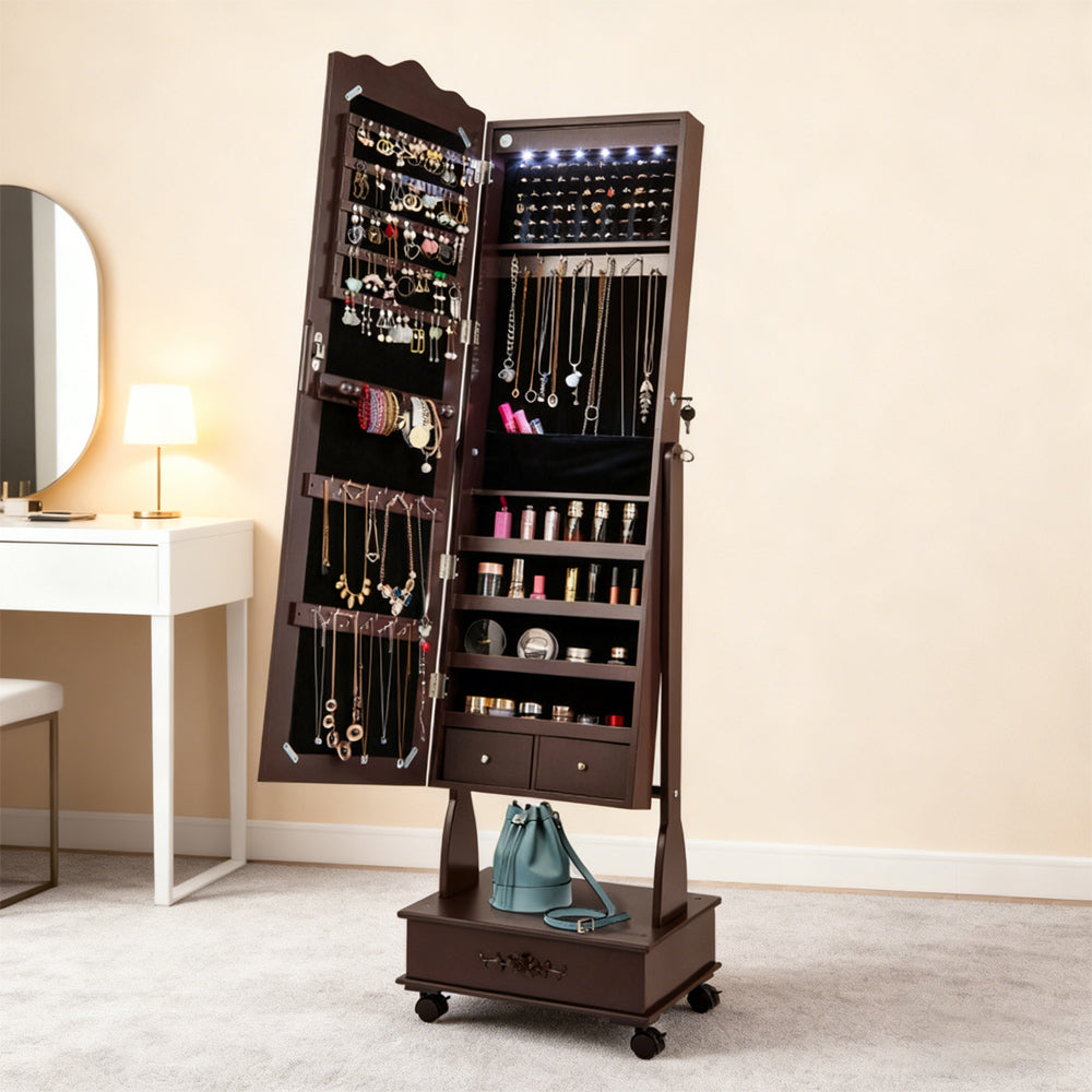 Luxury Rolling Mirrored Jewelry Armoire with Lock & LED Lights