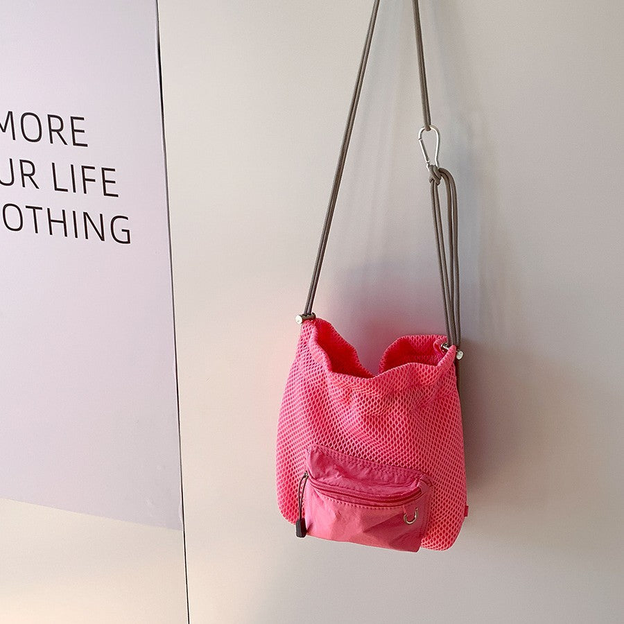 Small Mesh Drawstring Bucket Bag Cute Fashion Messenger Shoulder Bag for Women