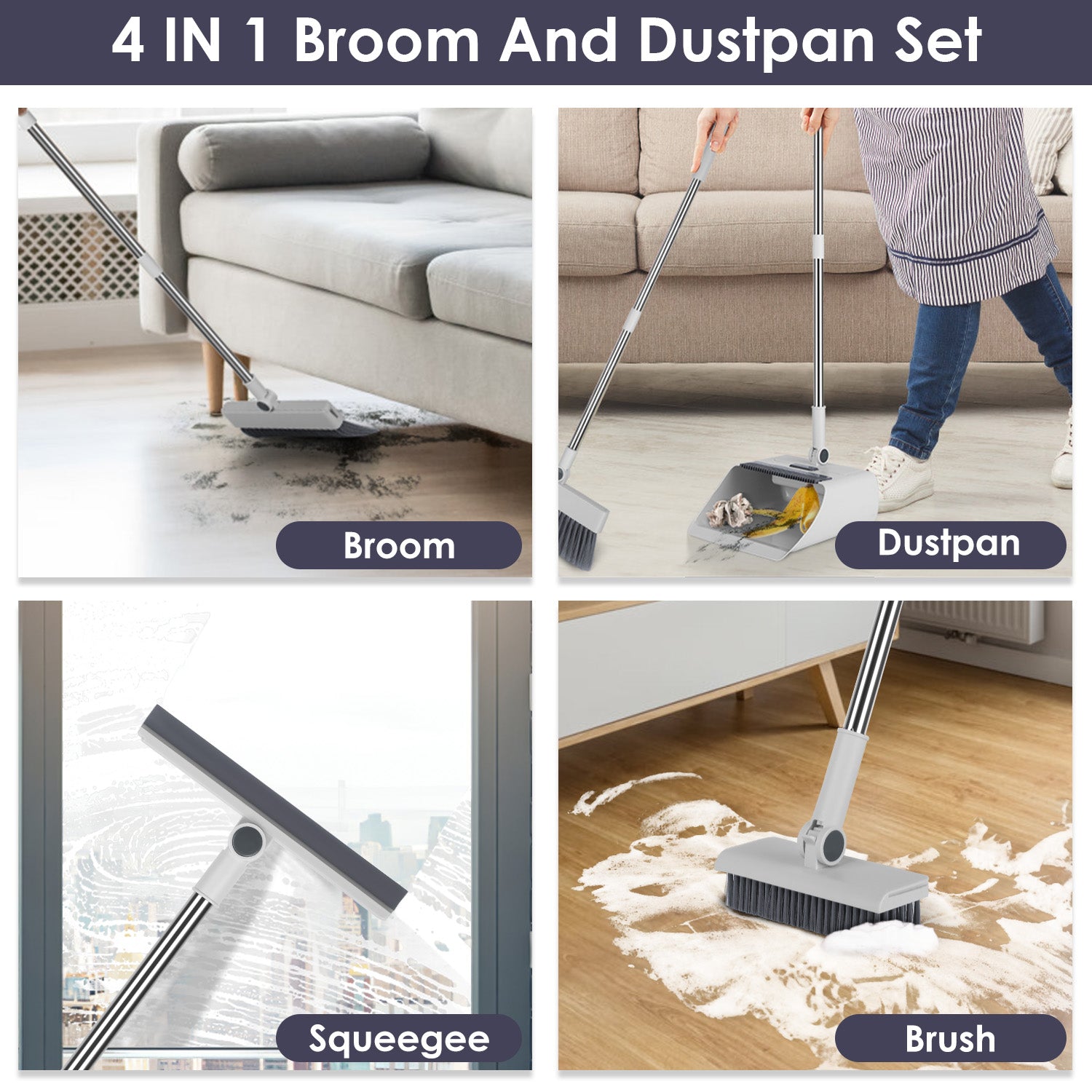 Premium 4 in 1 Broom and Dustpan Set with Squeegee Steel Handle