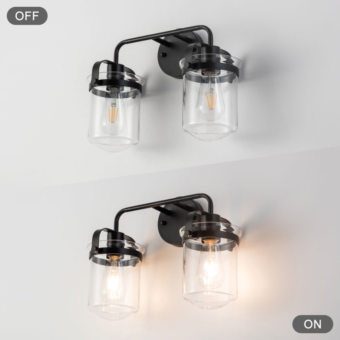 Modern Wall Sconce 2-Light Clear Glass Shade E26 Black Fixture