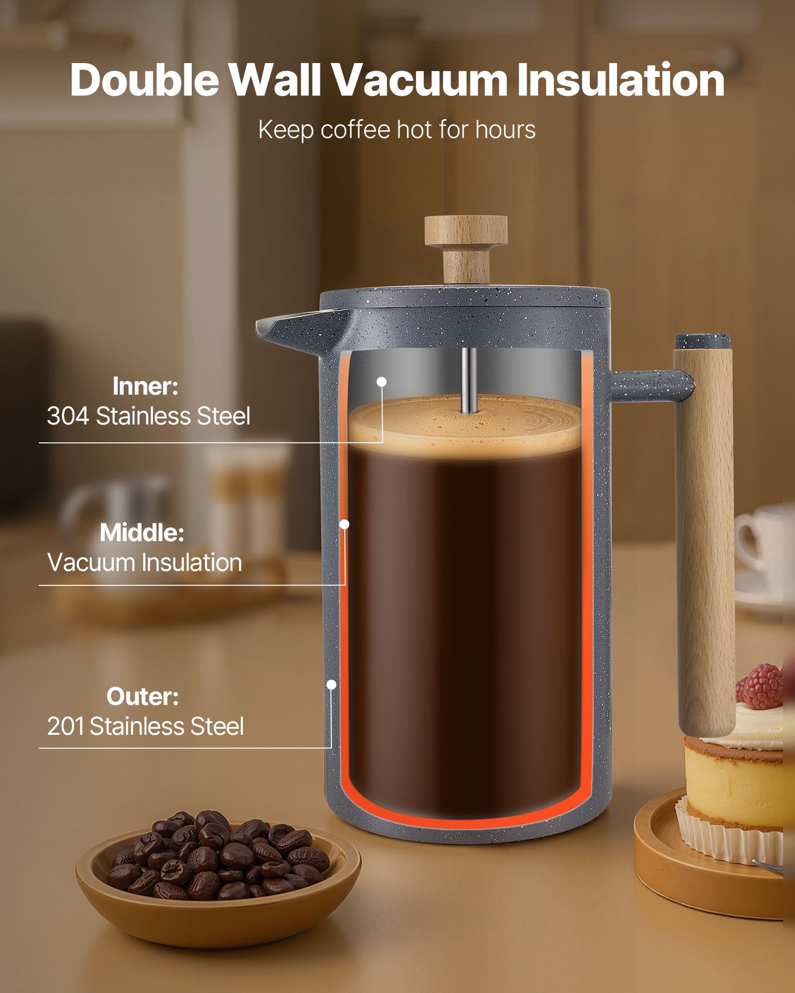Premium French Press Coffee Maker Stainless Steel Insulated