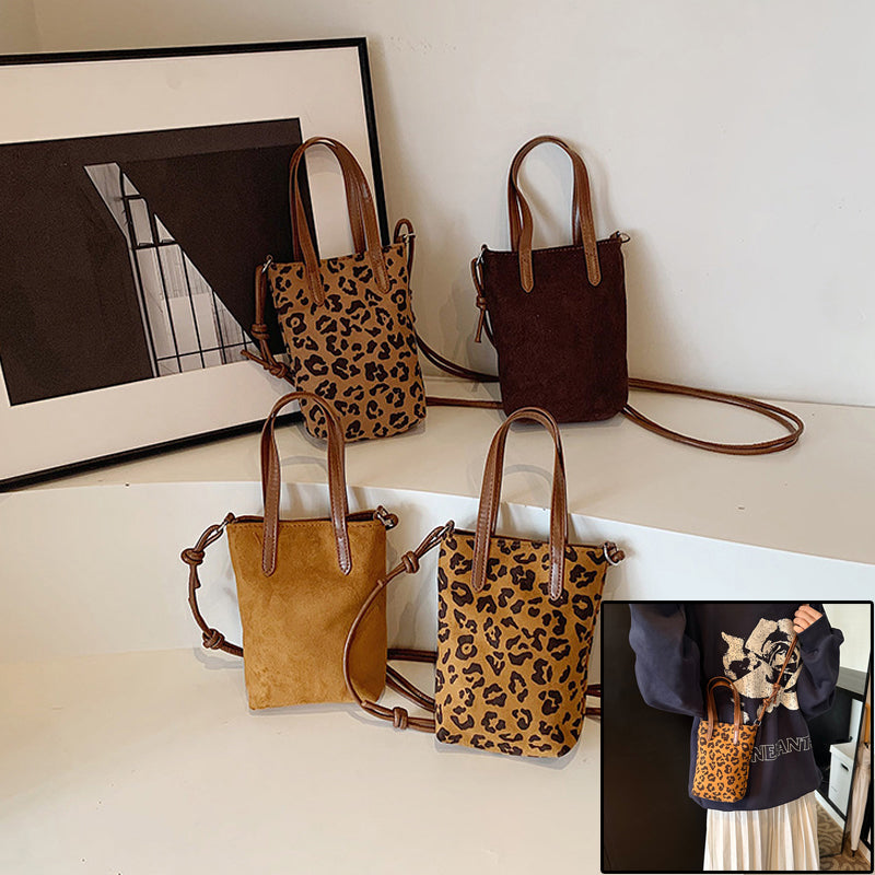 Women Retro Leopard Print Crossbody Bag Suede Phone Shoulder Bag