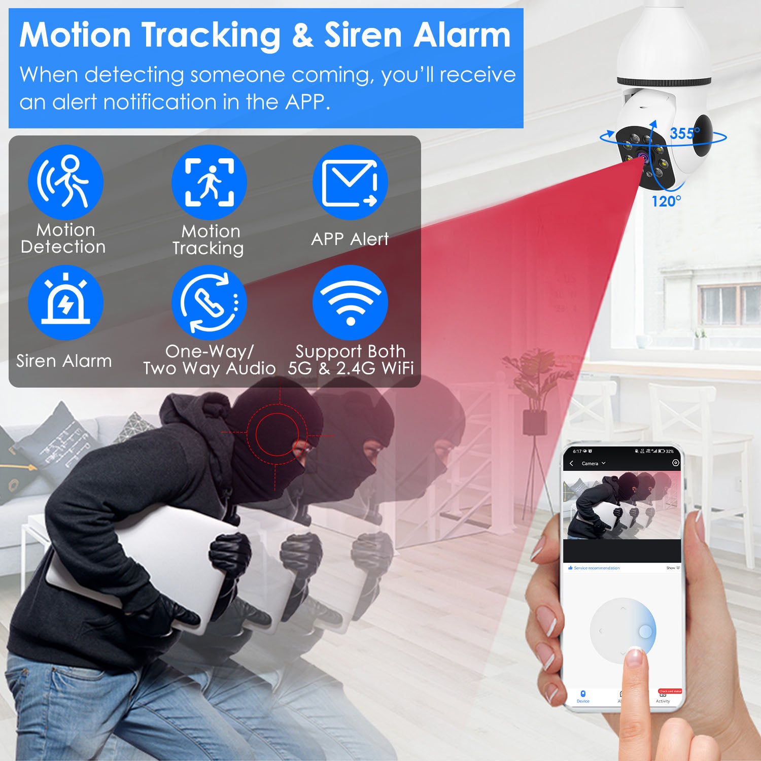 E27 WiFi Bulb Camera 1080P Security Cam with Night Vision & Motion Tracking