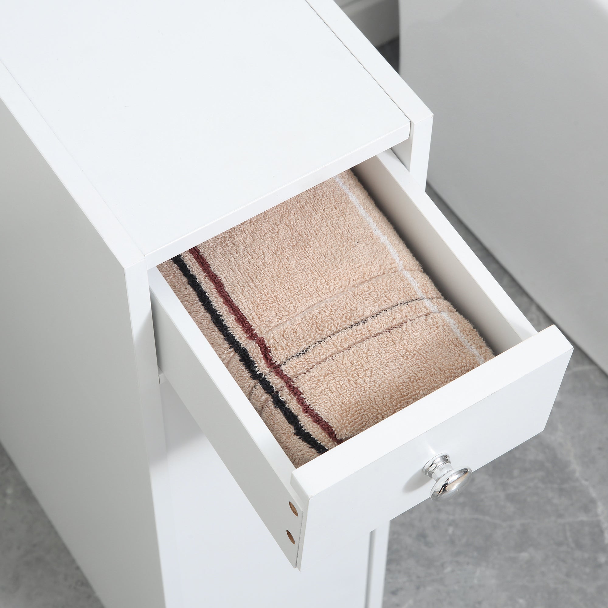 Narrow Bathroom Floor Organizer Cabinet with Drawers White