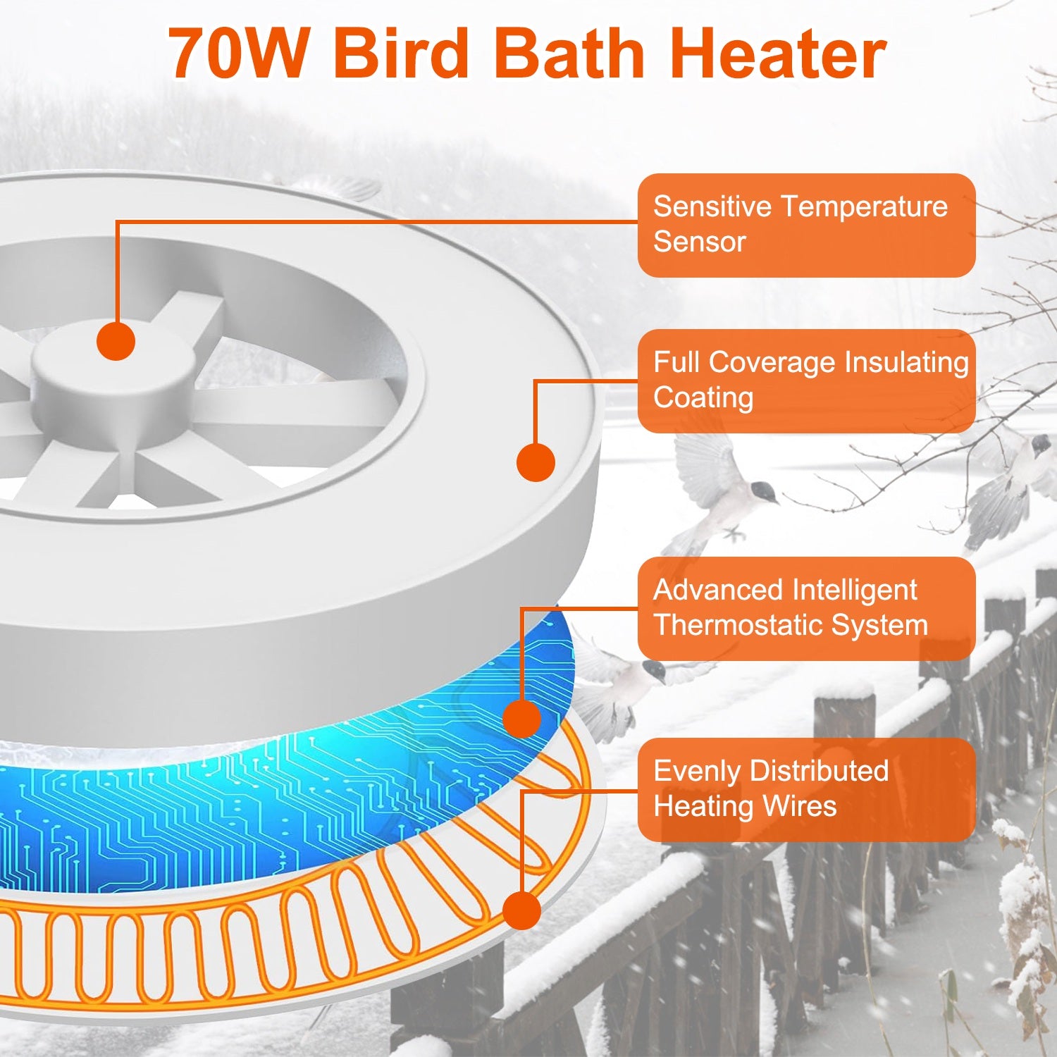 70W Bird Bath Heater Outdoor Winter Deicer Thermostat Safe