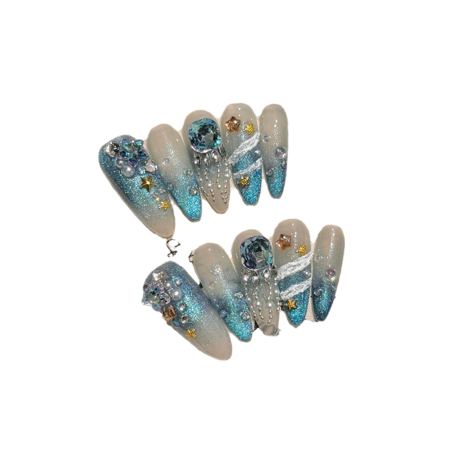 Angel Feather Haze Blue Gray Cat Eye Shiny Press On Nails