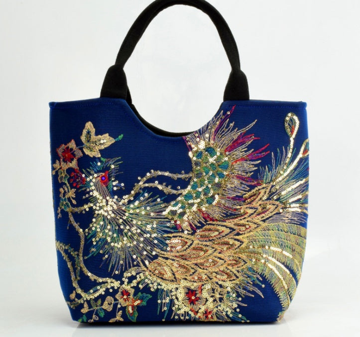 Canvas Peacock Embroidery Small Handbag Elegant Ethnic Style Shoulder Bag