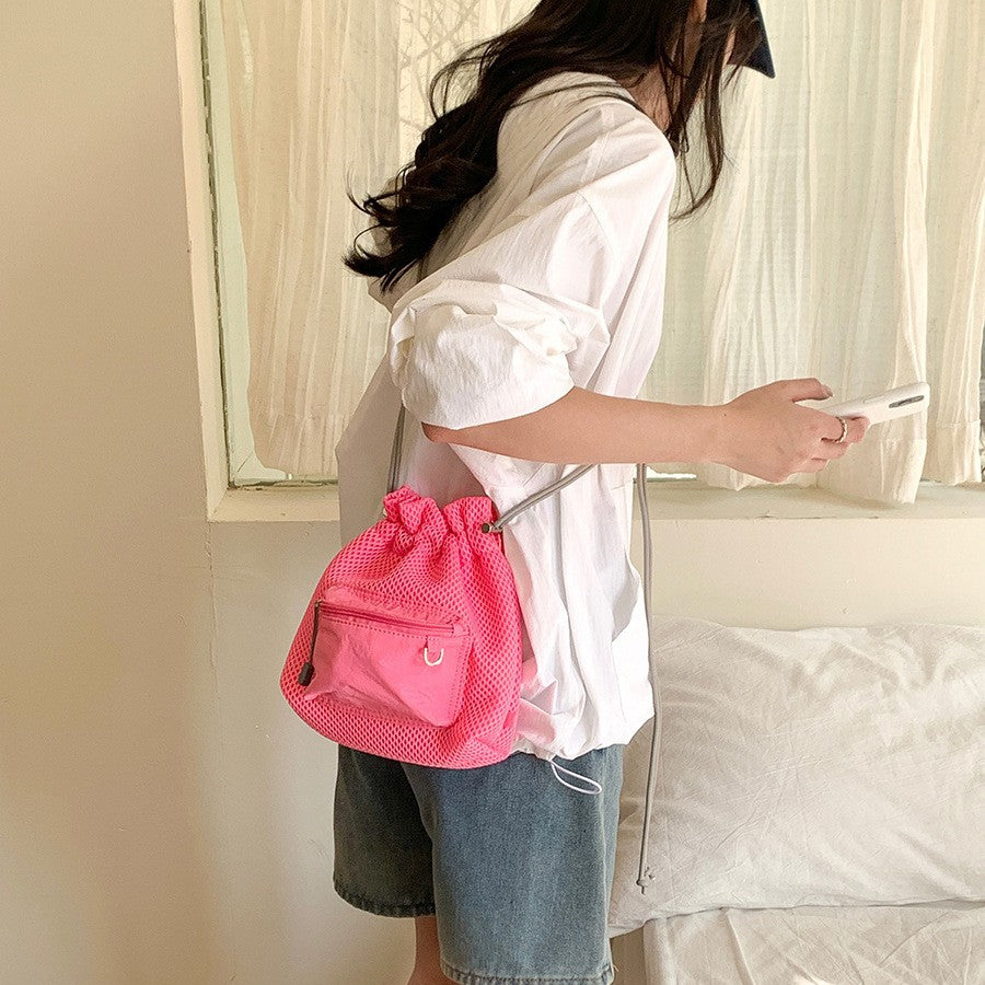 Small Mesh Drawstring Bucket Bag Cute Fashion Messenger Shoulder Bag for Women