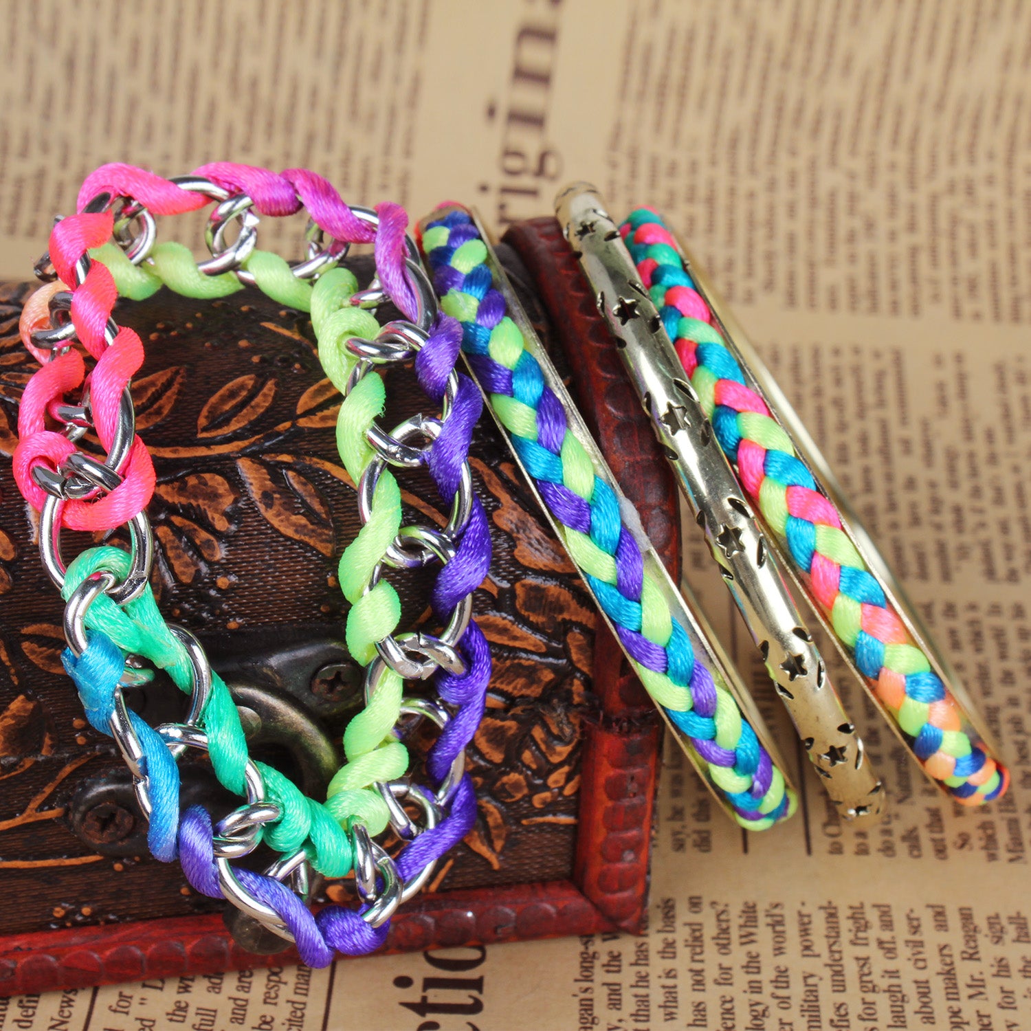 Trendy Colorful Woven Bracelet Set Burnished Gold Stack