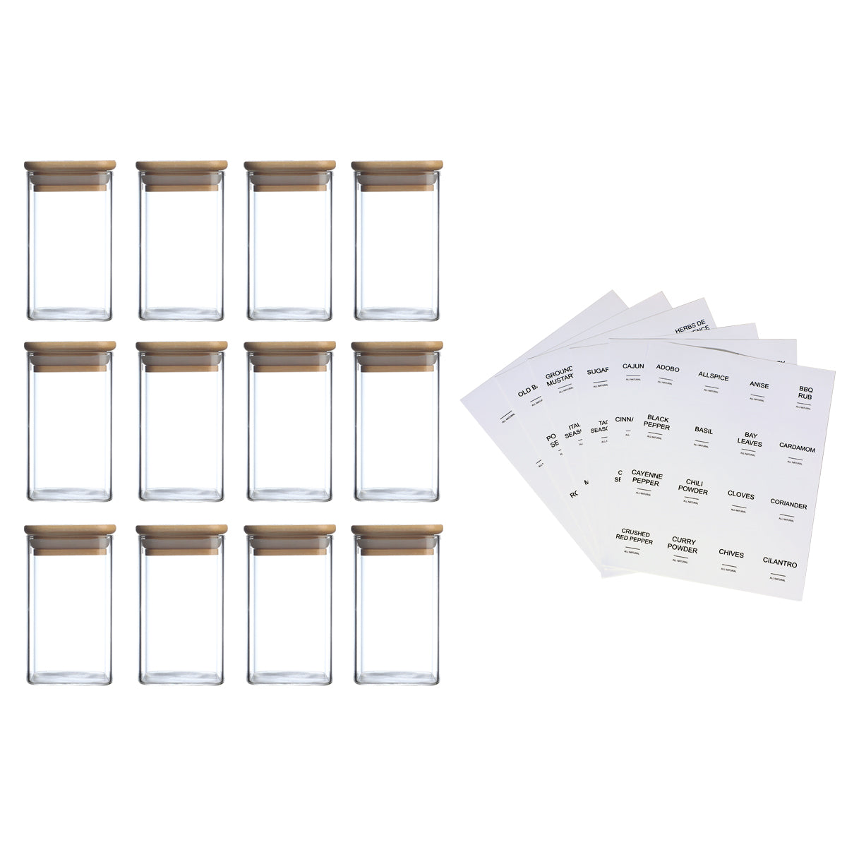 12 Pcs Square Spice Jars with 72 Labels