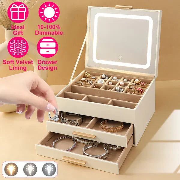 Jewelry Box with LED Mirror and 3 Layer Organizer