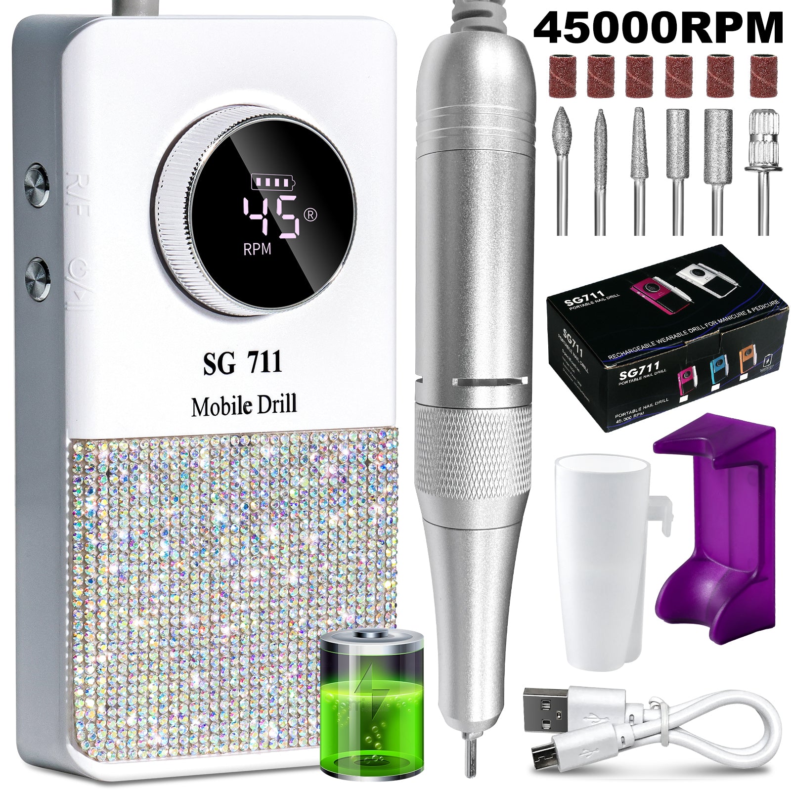 45000RPM Cordless Glitter Nail Drill Kit