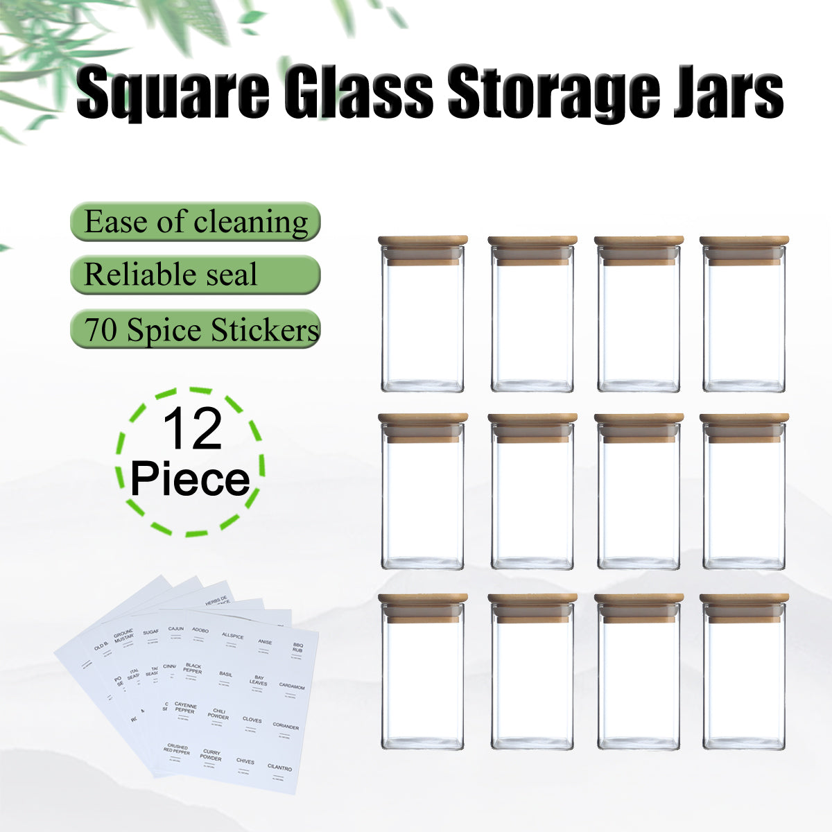 12Pcs Square Spice Jars Set with 72 Labels for Kitchen