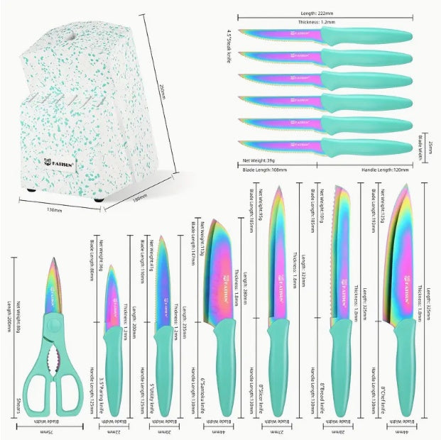 14 Piece Rainbow Knife Set Titanium Coated Stainless Steel with Stand