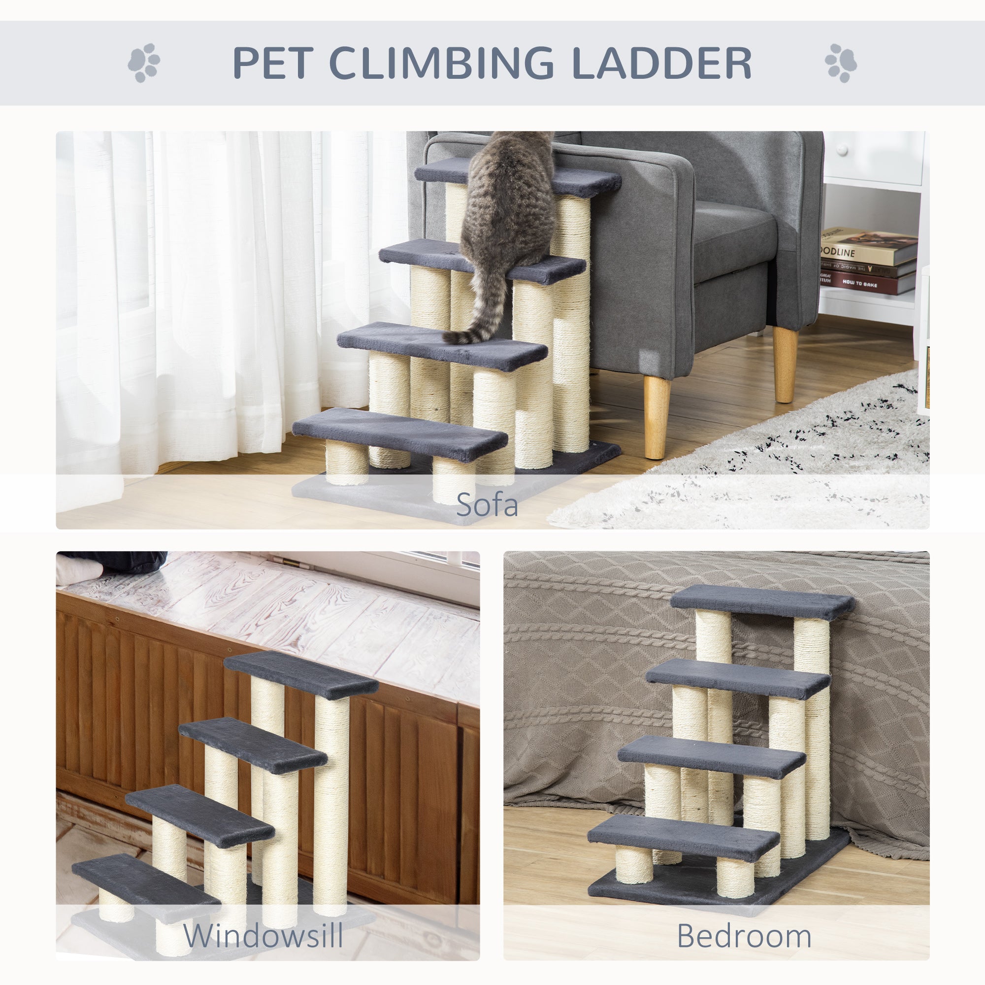 4-Step Cat Tree for High Beds with Sisal Scratching Post – Indoor Cat Climbing Stairs