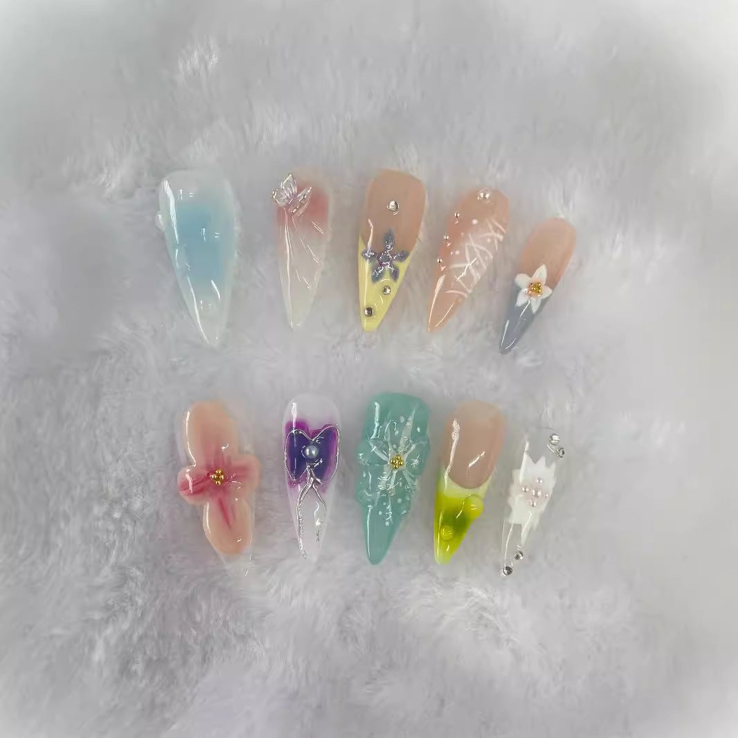 Hand-Painted 3D Elegant Long Armor Press On Nails