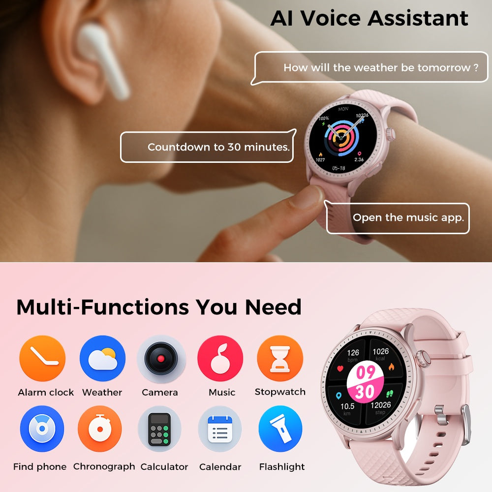 Round Smartwatch with Health Tracking, 3ATM Waterproof & Sports Modes