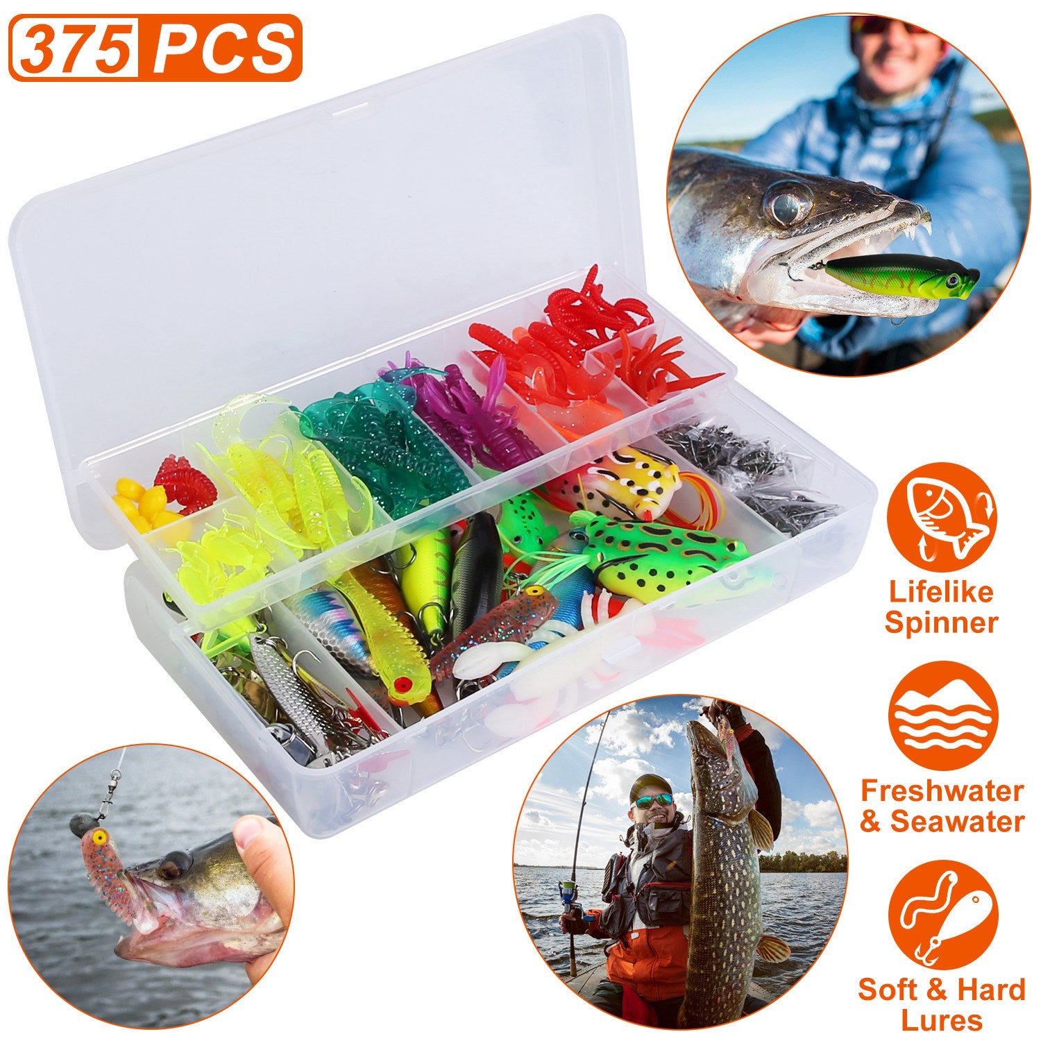 375pcs Fishing Lures Kit with Tackle Box for Freshwater & Saltwater