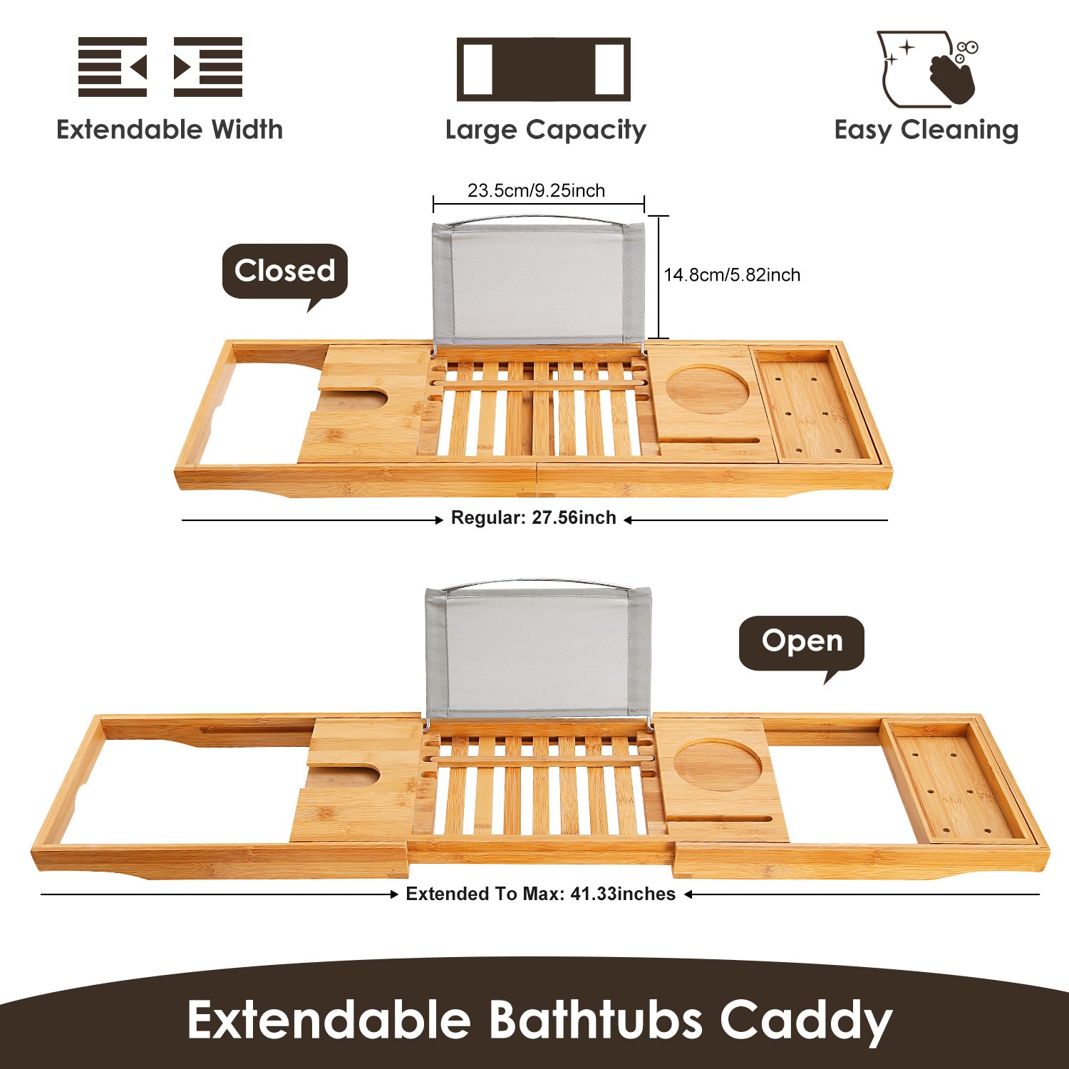 Extendable Bamboo Bathtub Caddy Tray with Phone Wine Holder Rack