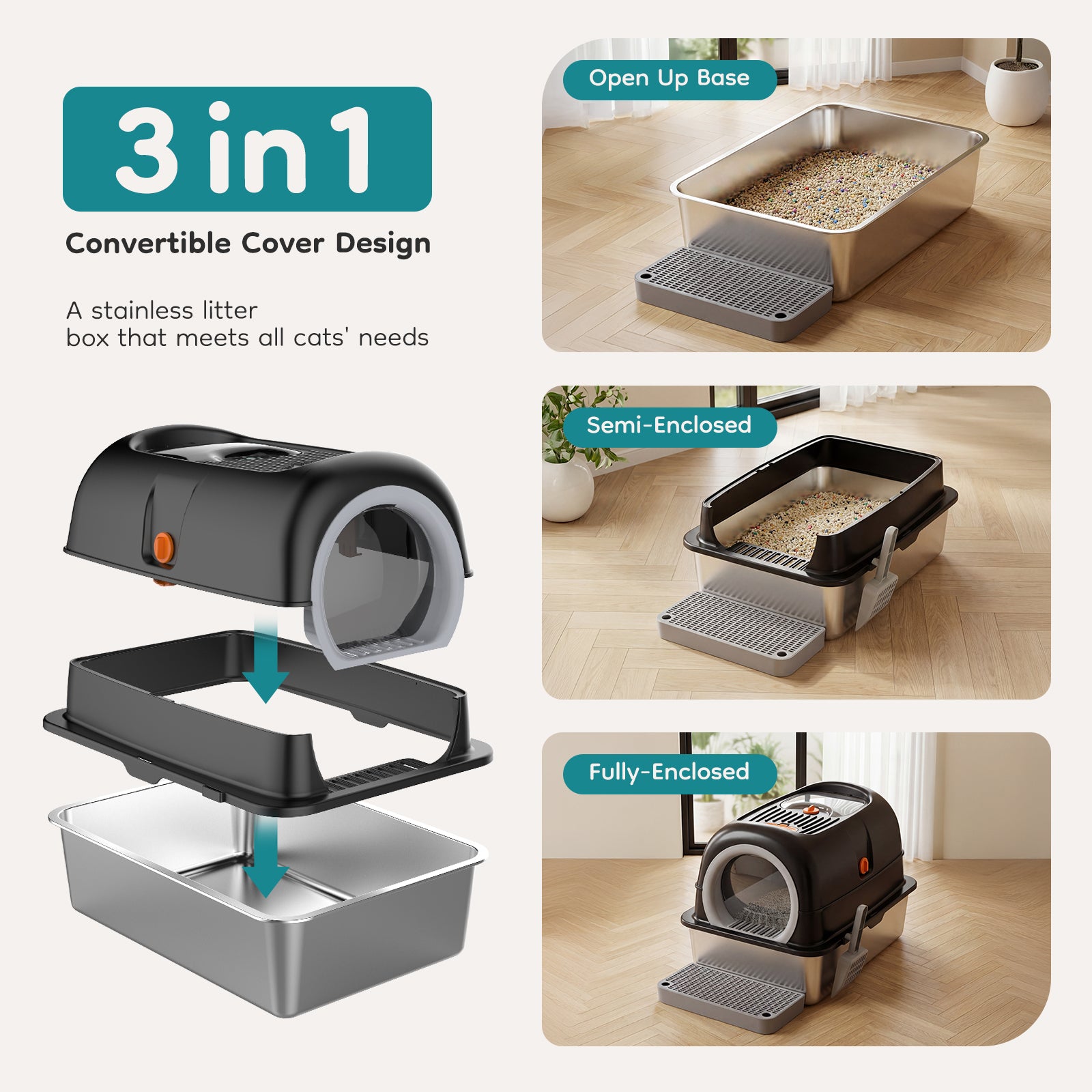 Double-Entry Convertible Cat Litter Box – Covered & Open Top Cat Toilet with Odor Control