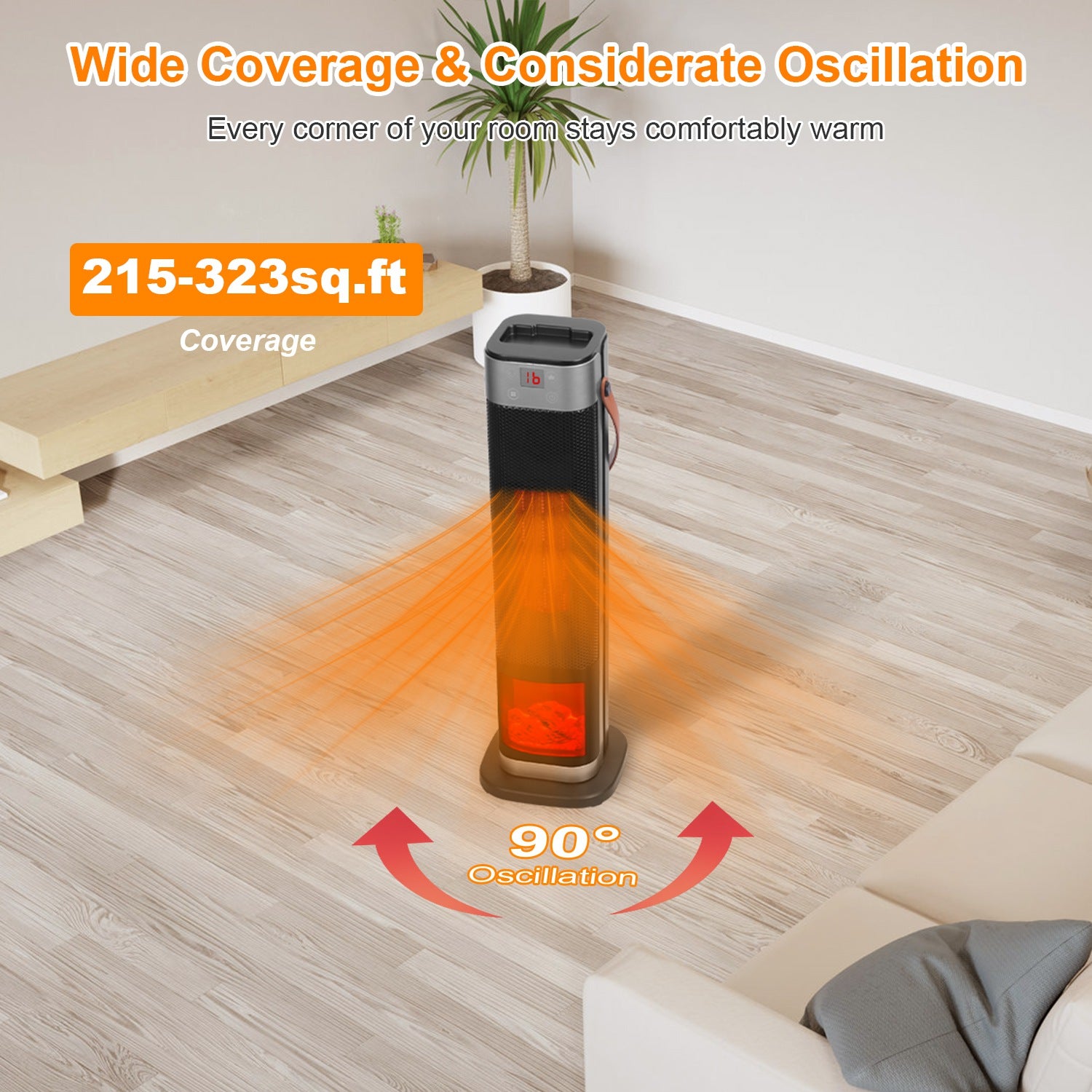 1500W Oscillating Tower Space Heater with Flame Remote Control