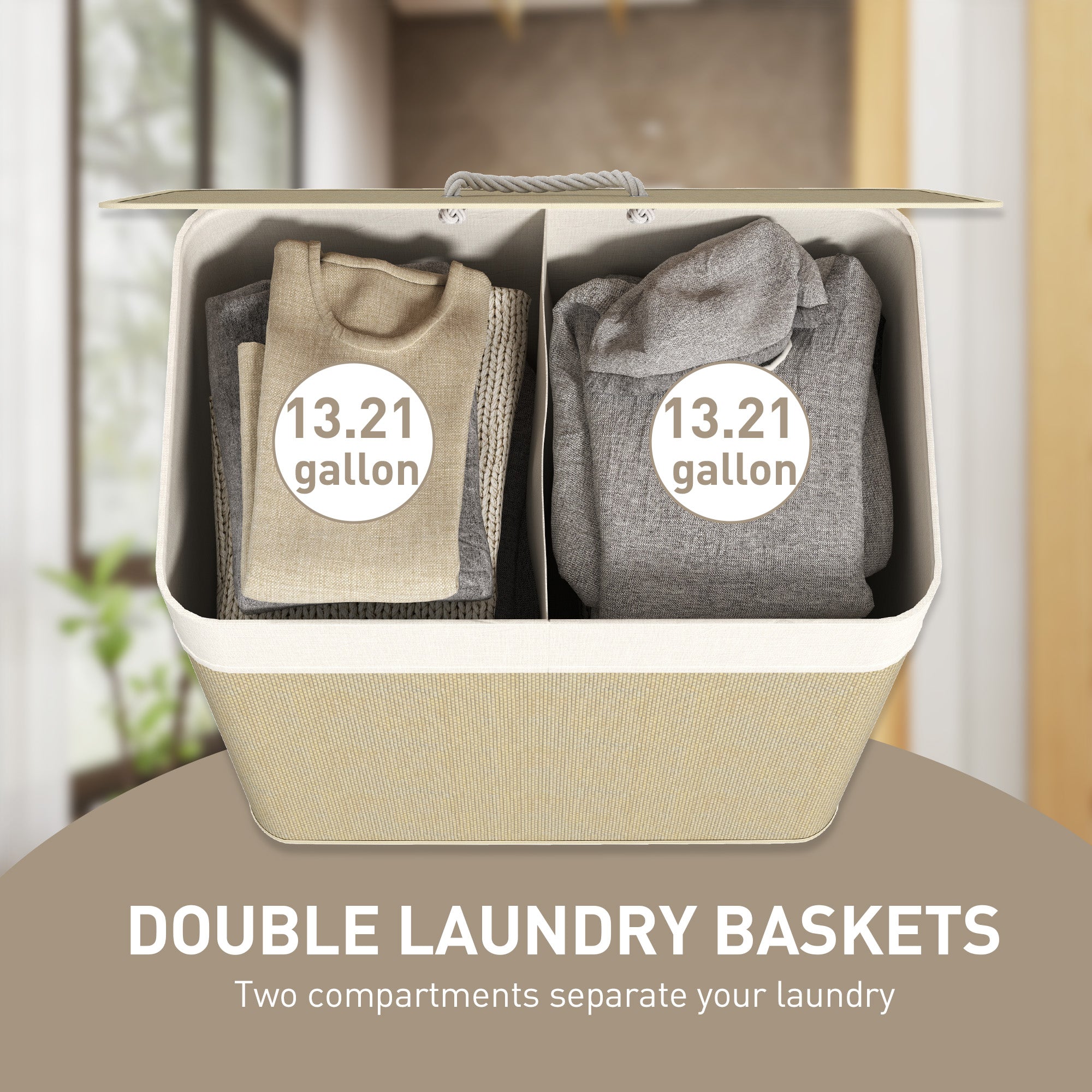 Double Laundry Basket With Lid Bamboo Hamper Organizer XL