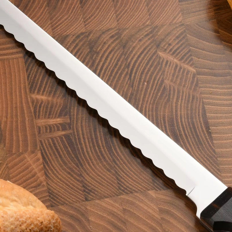 10-Inch Carbon Steel Bread Knife Wooden Handle Serrated Kitchen Tool