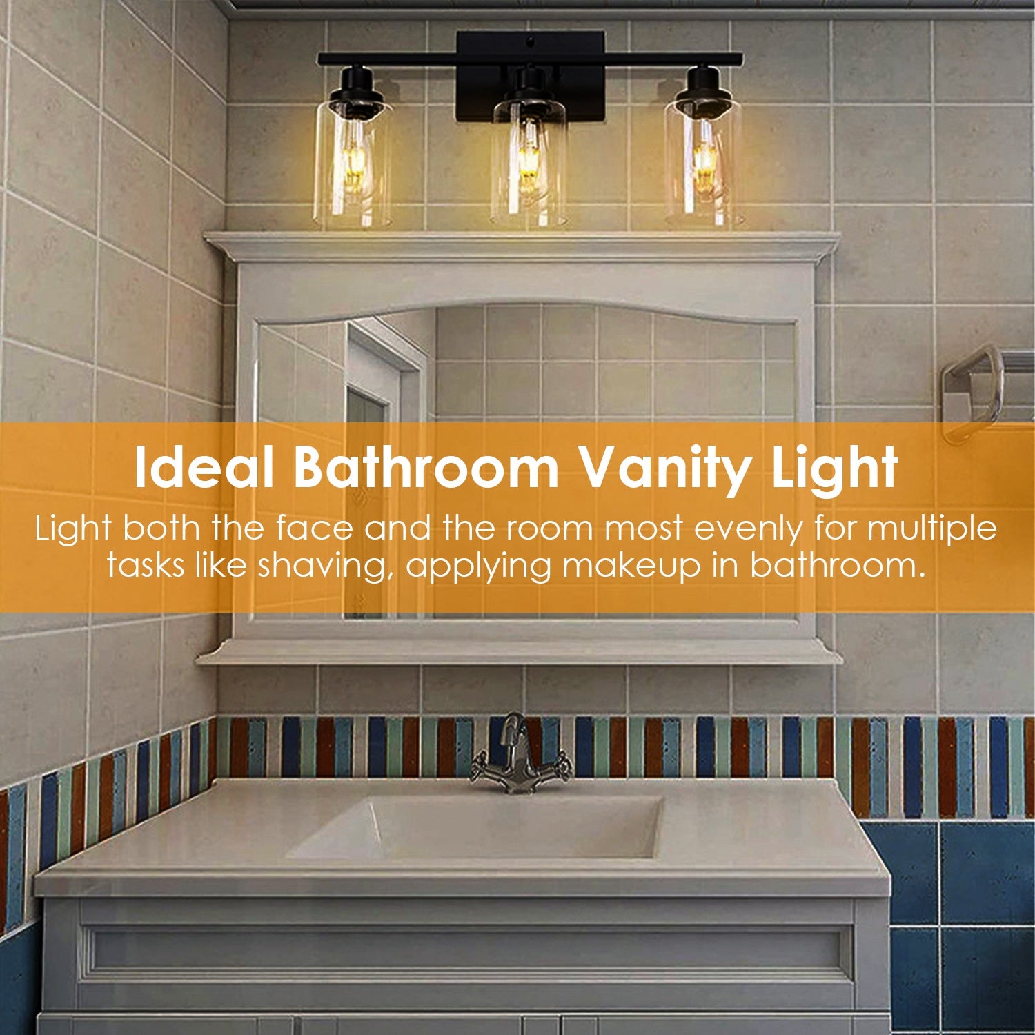 3 Light Wall Sconce Black Glass Vanity Lamp Modern Fixture