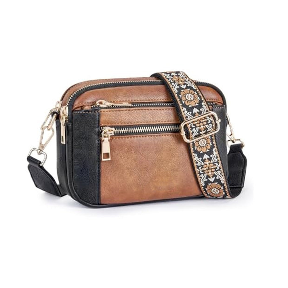 Triple Zipper Shoulder Bag Colorblock Crossbody with Floral Strap for Women