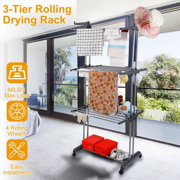 3-Tier Rolling Clothes Drying Rack Foldable Laundry Stand