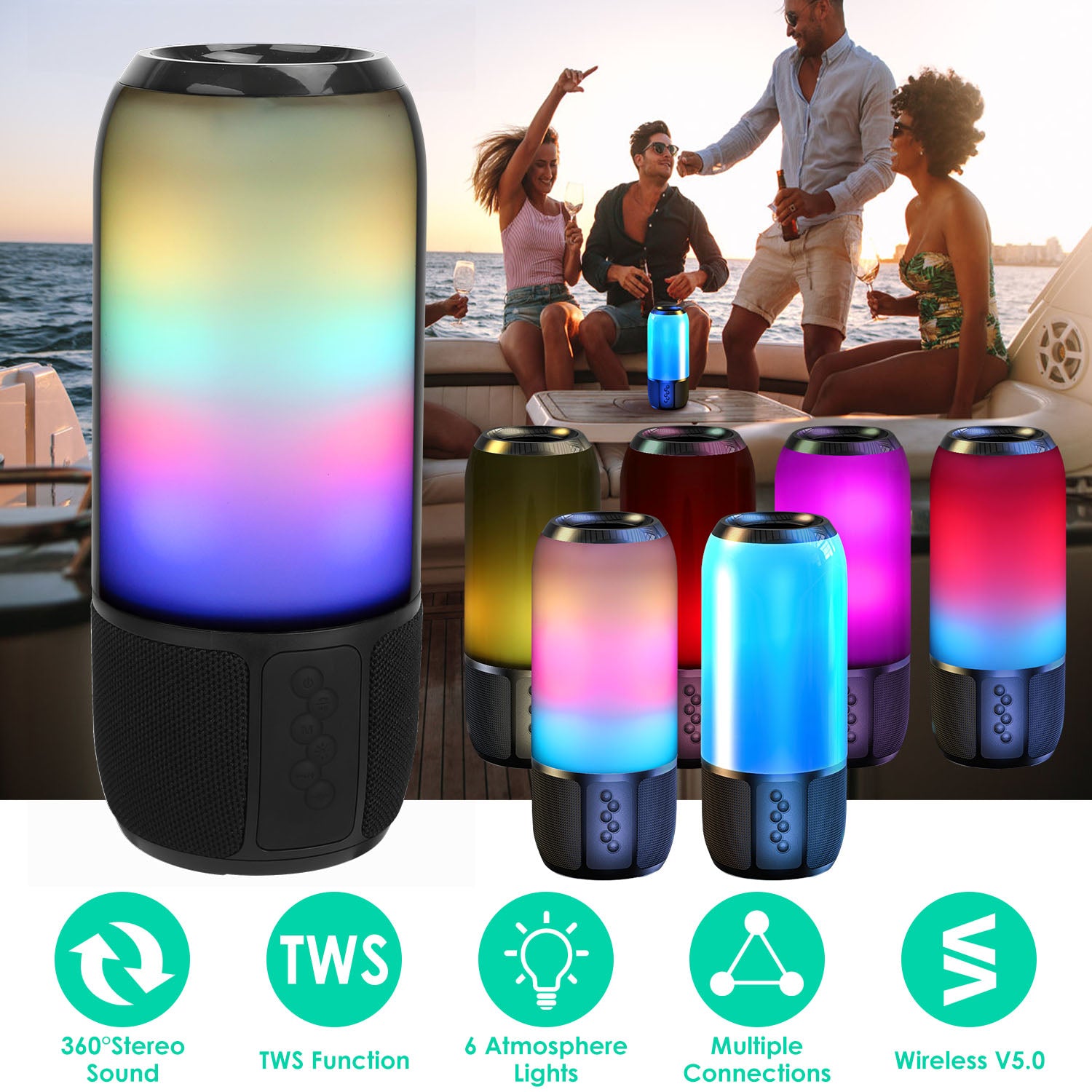 Wireless Portable Speaker Loud Stereo with Color Lights Radio