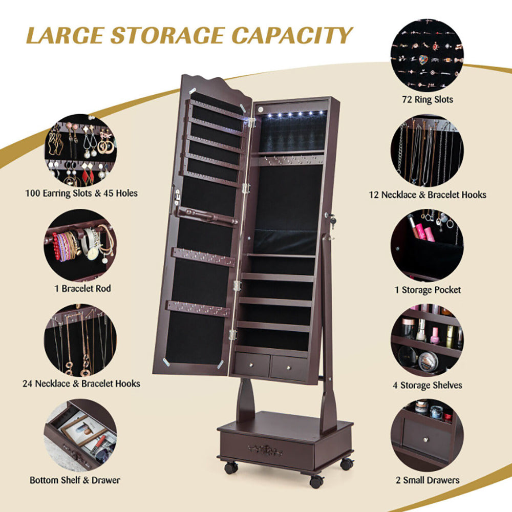 Luxury Rolling Mirrored Jewelry Armoire with Lock & LED Lights