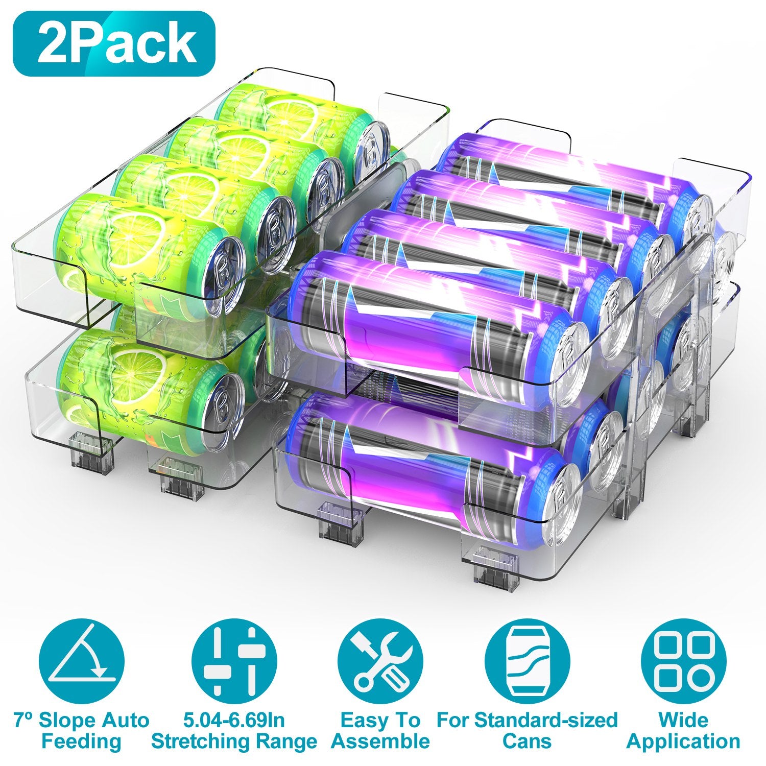 2 Pack Adjustable Soda Can Organizer 2 Tier Auto Rolling