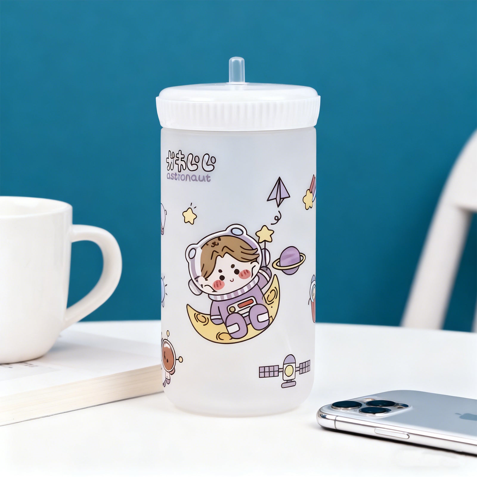 500ml Cartoon Straw Water Bottle White Kids Drink Bottle