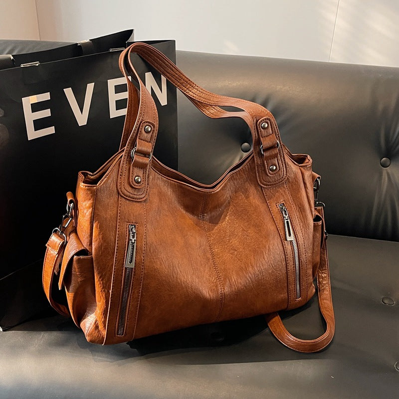 Elegant Retro Handbag Solid Color Textured American Shoulder Bag