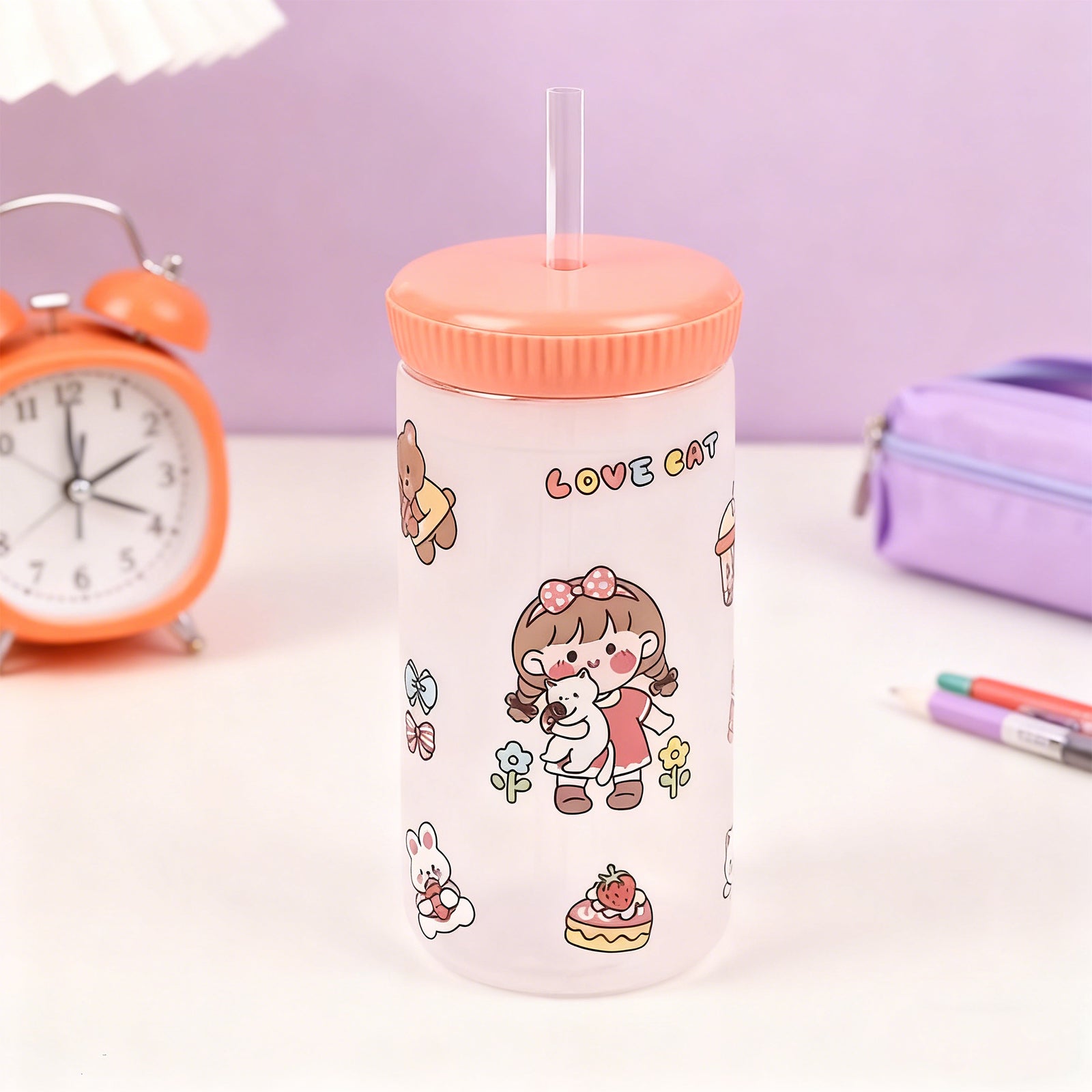 500ml Cartoon Straw Water Bottle Pink Kids Drink Bottle