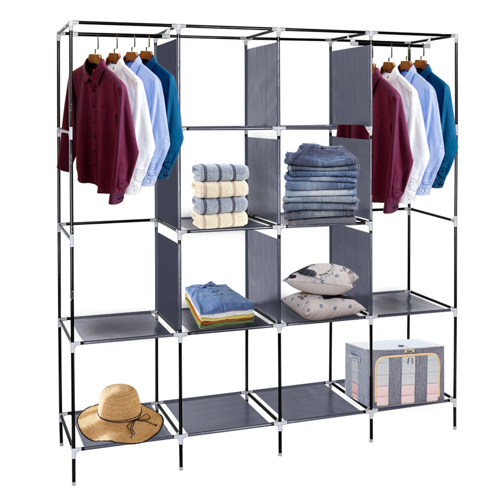 Large Portable Wardrobe Closet with 12 Shelves & Side Pockets