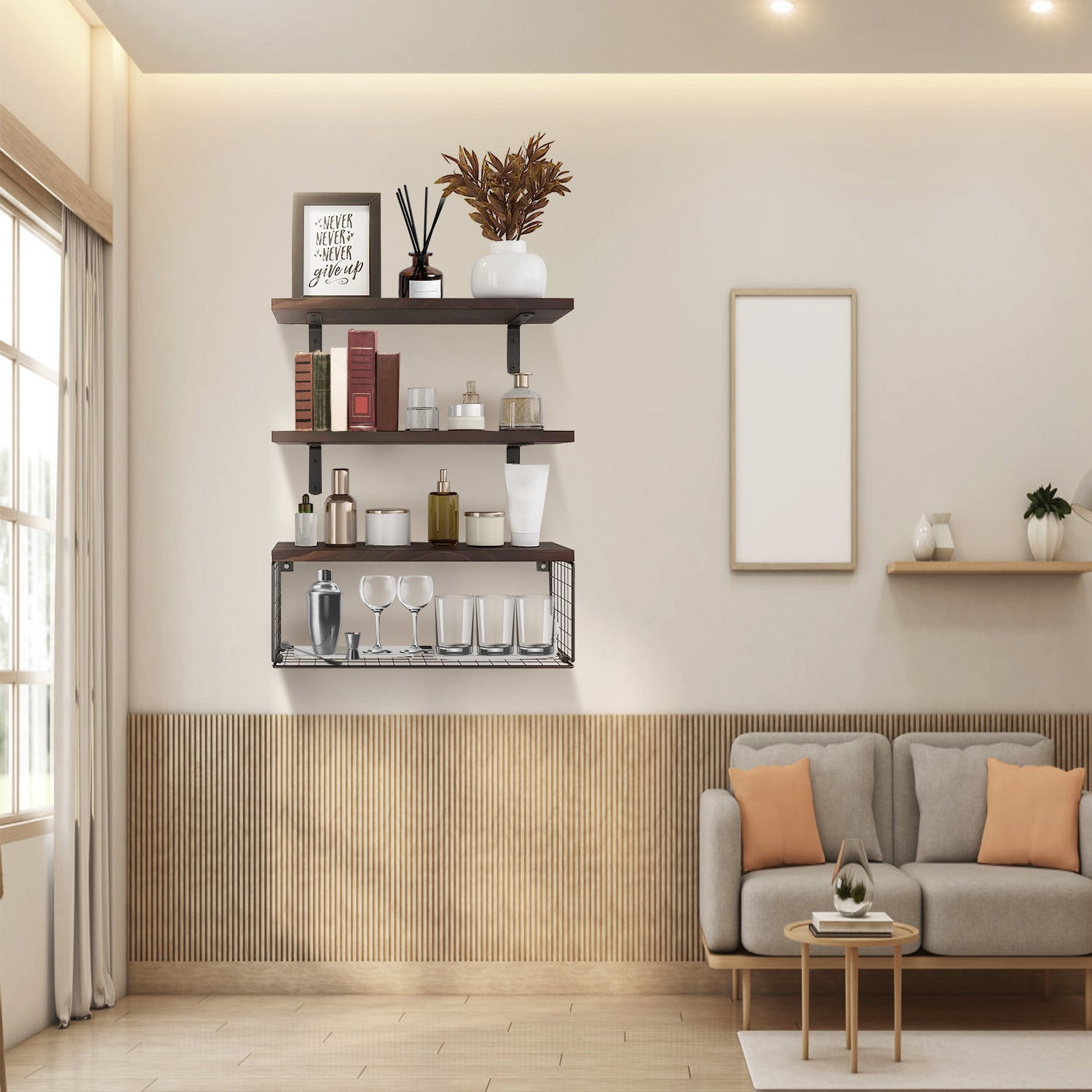 2-in-1 Rustic Floating Shelves with Storage Basket Wall Mounted