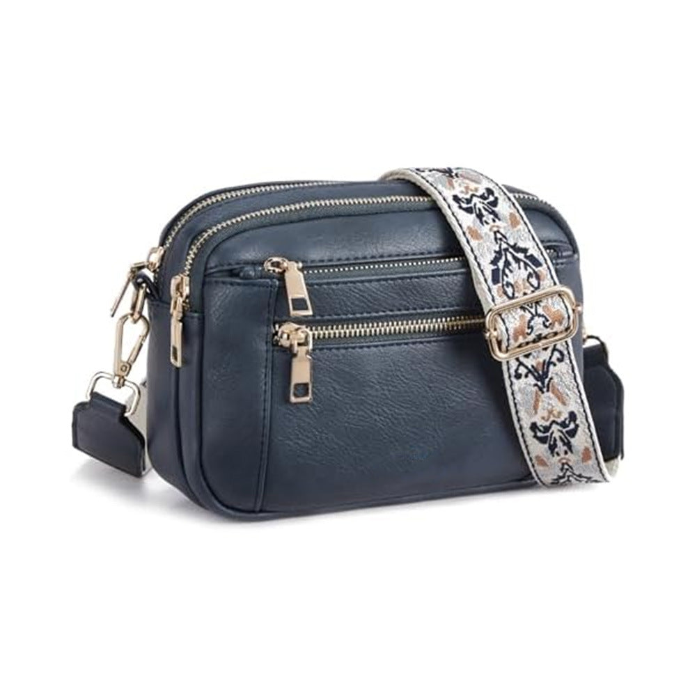 Triple Zipper Shoulder Bag Colorblock Crossbody with Floral Strap for Women