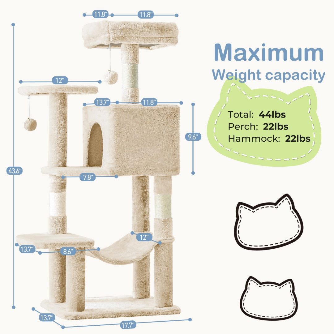 44-Inch Multi-Level Cat Tree Tower with Hammock & Sisal Scratching Posts