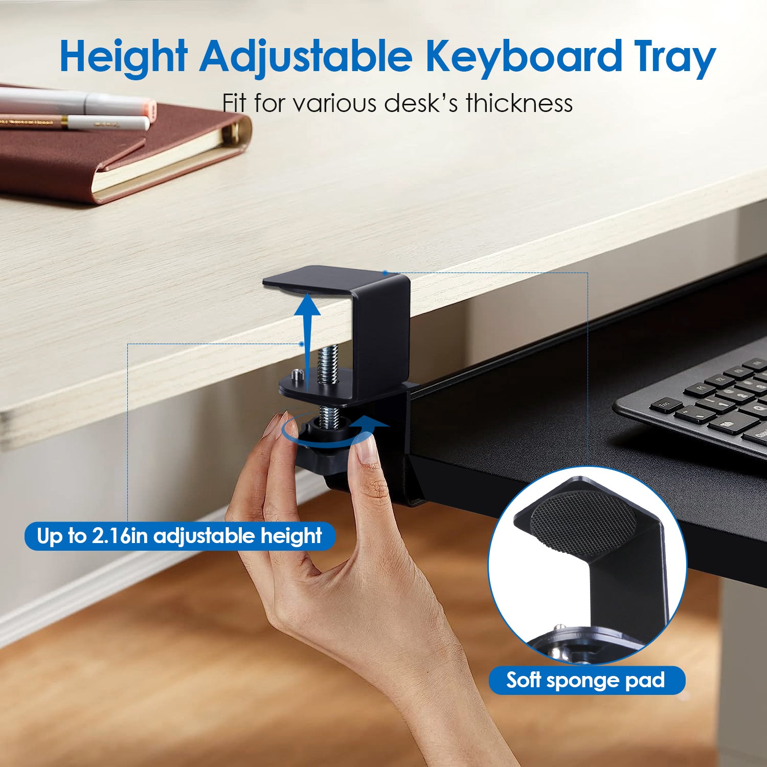 Under Desk Keyboard Tray Retractable Slide Out Drawer Clamp