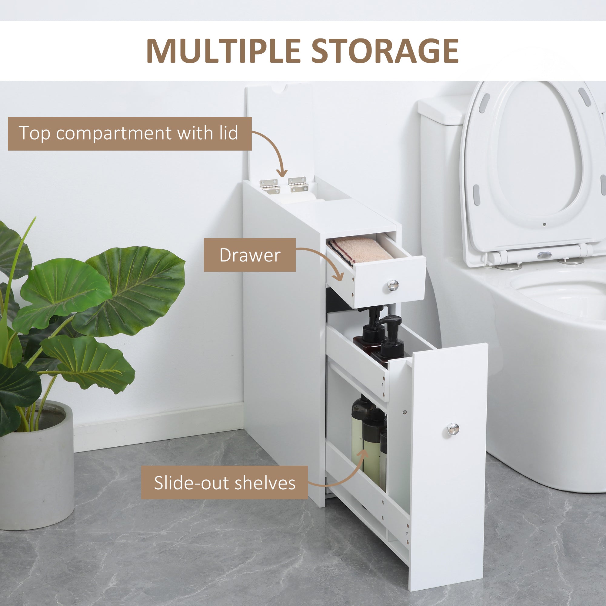 Narrow Bathroom Floor Organizer Cabinet with Drawers White
