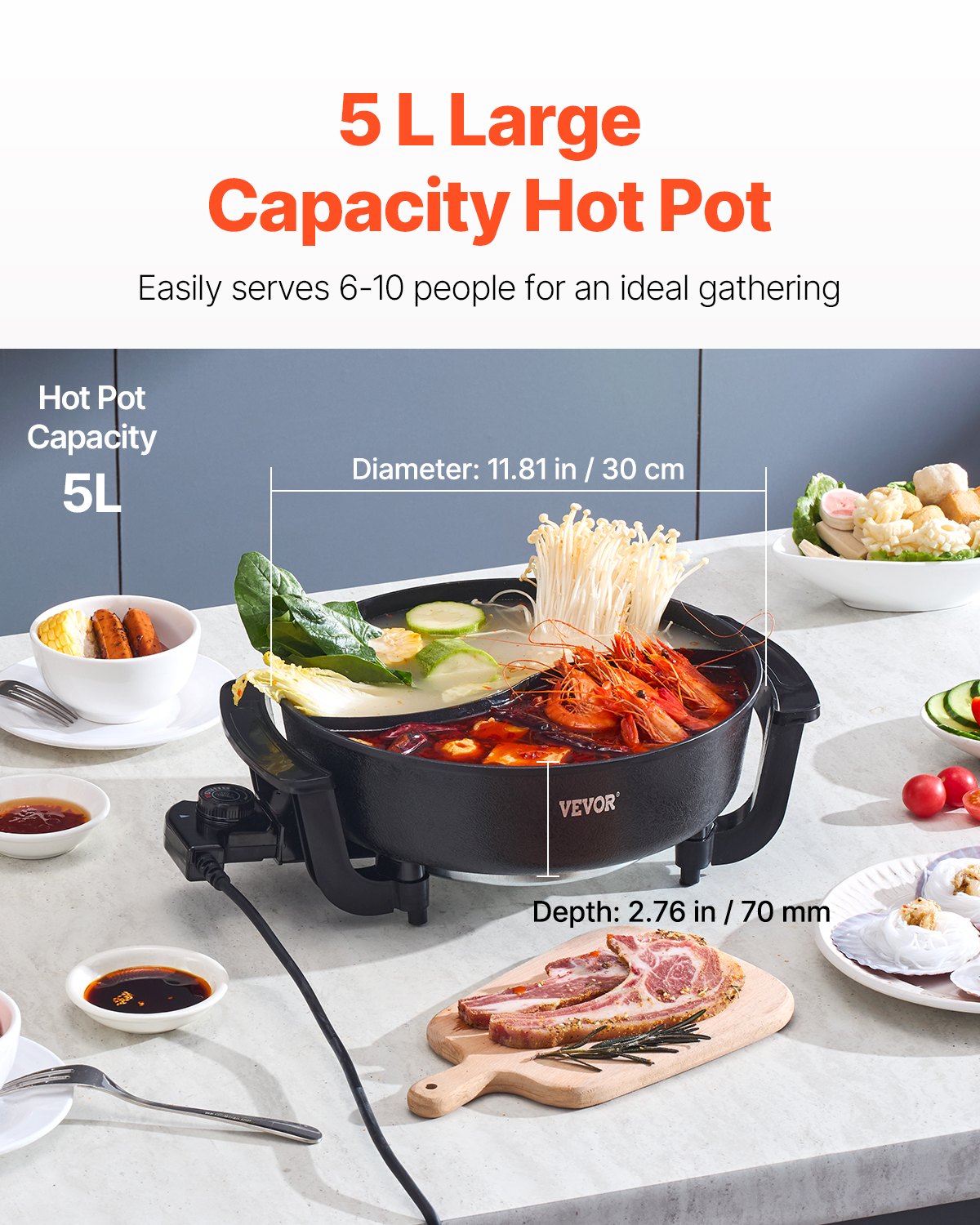 Electric Hot Pot 5L Dual Divider Non Stick Shabu Shabu Pot