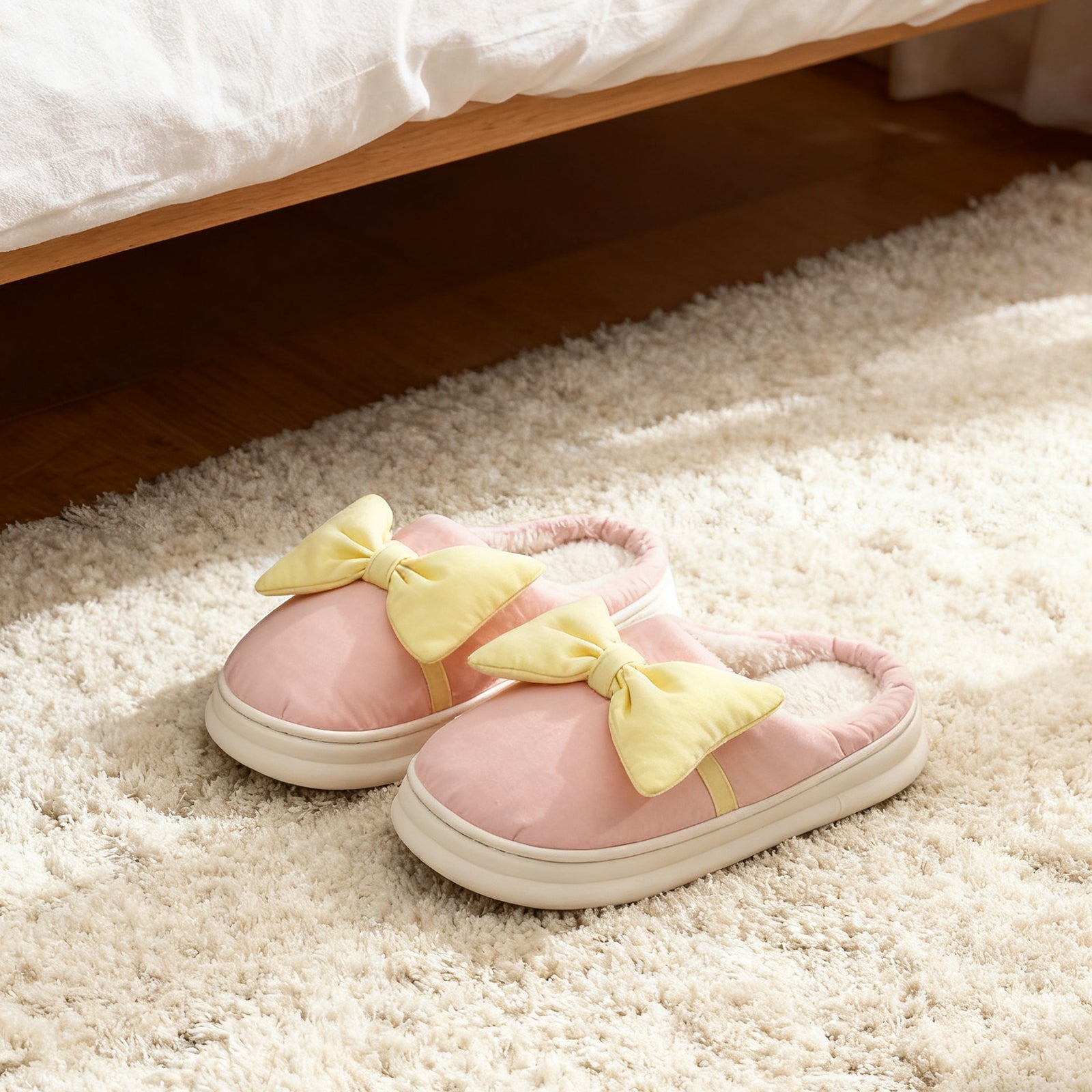 Pink Bow Cotton Slippers Soft Indoor House Slippers