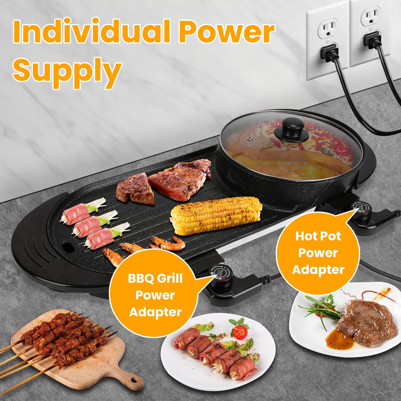 2-in-1 Electric Hot Pot with BBQ Grill 2200W Non-Stick