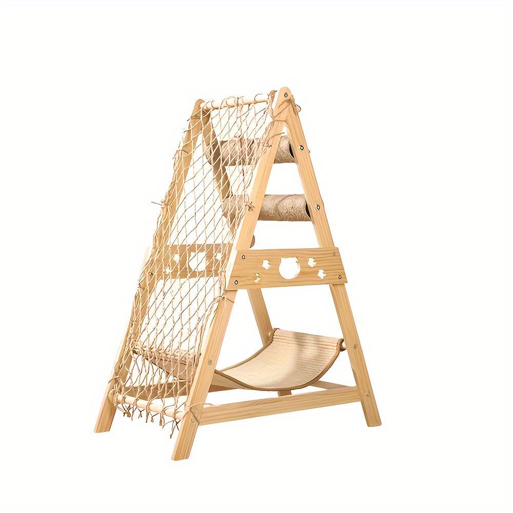 Wooden Multi-Level Cat Tree Tower with Scratching Posts & Climbing Net